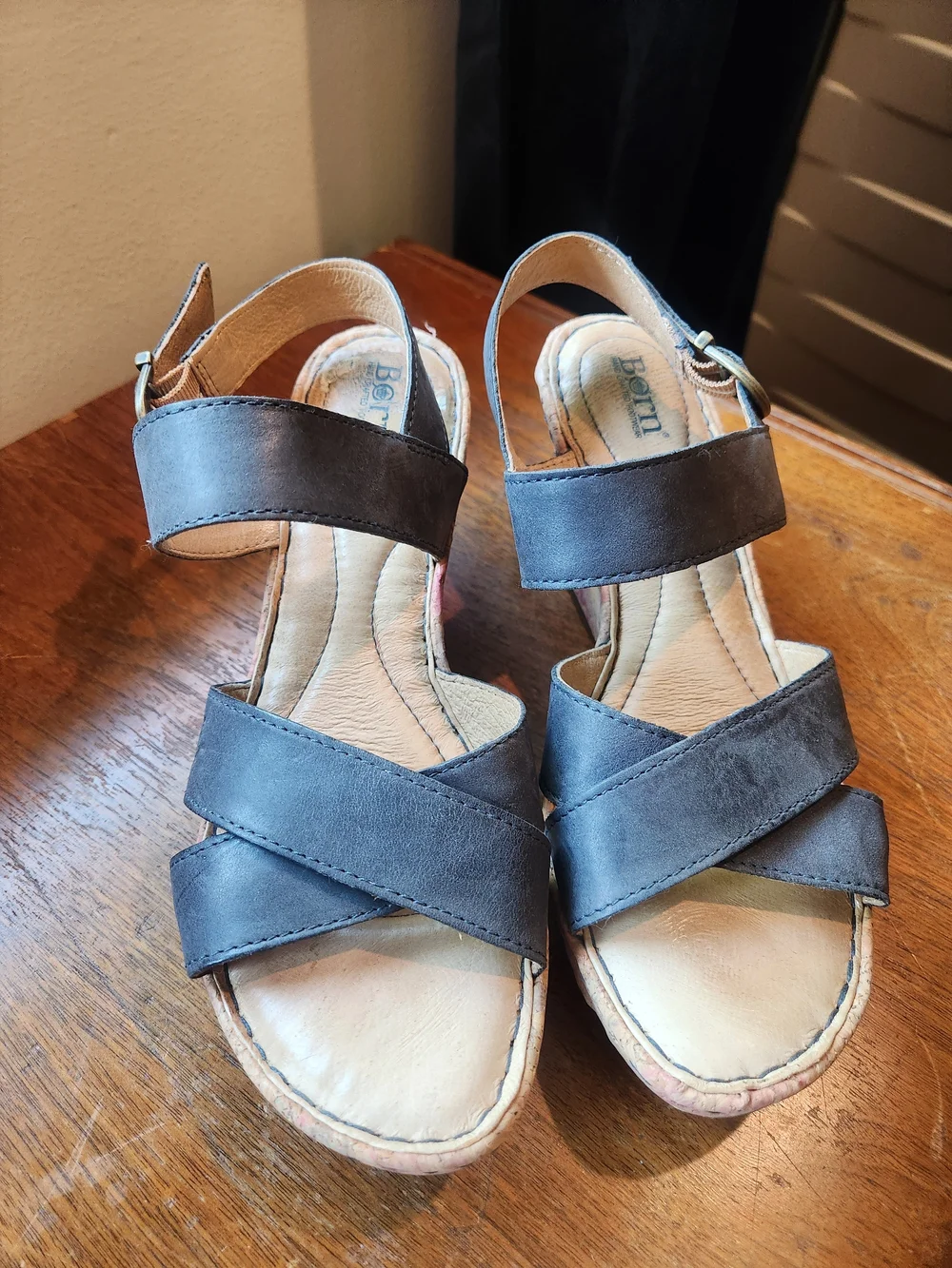 Born Gray/Blue Leather Wedge Sandals